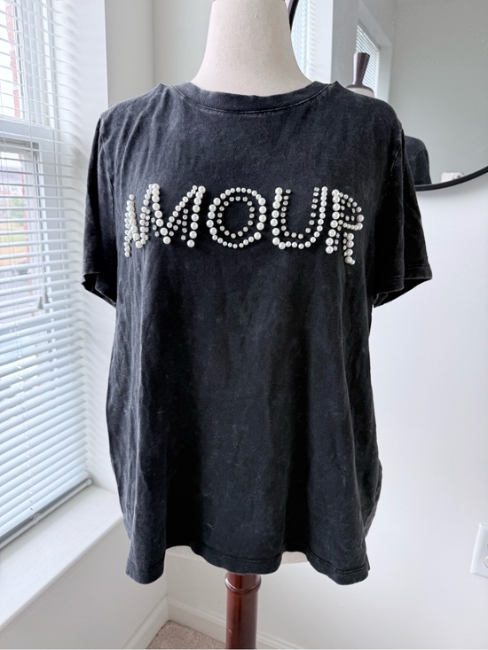 Tops - Forever 21 Black Short Sleeve Tee with Pearl 'AMOUR' Detail